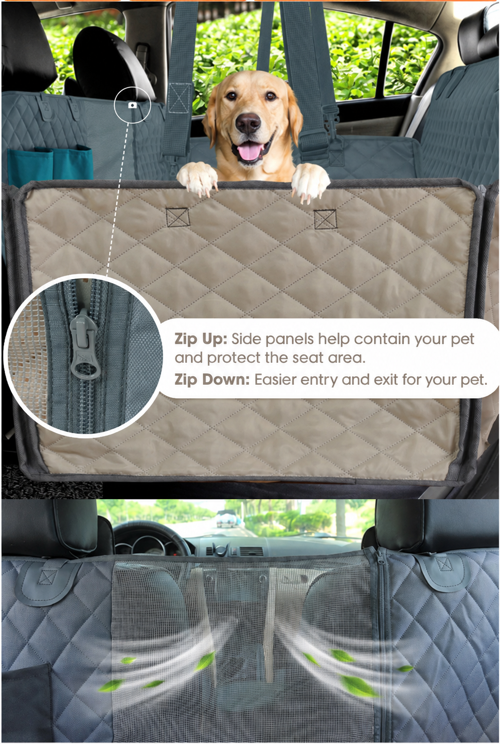 Dog car seat cover zipper side panels and airflow mesh