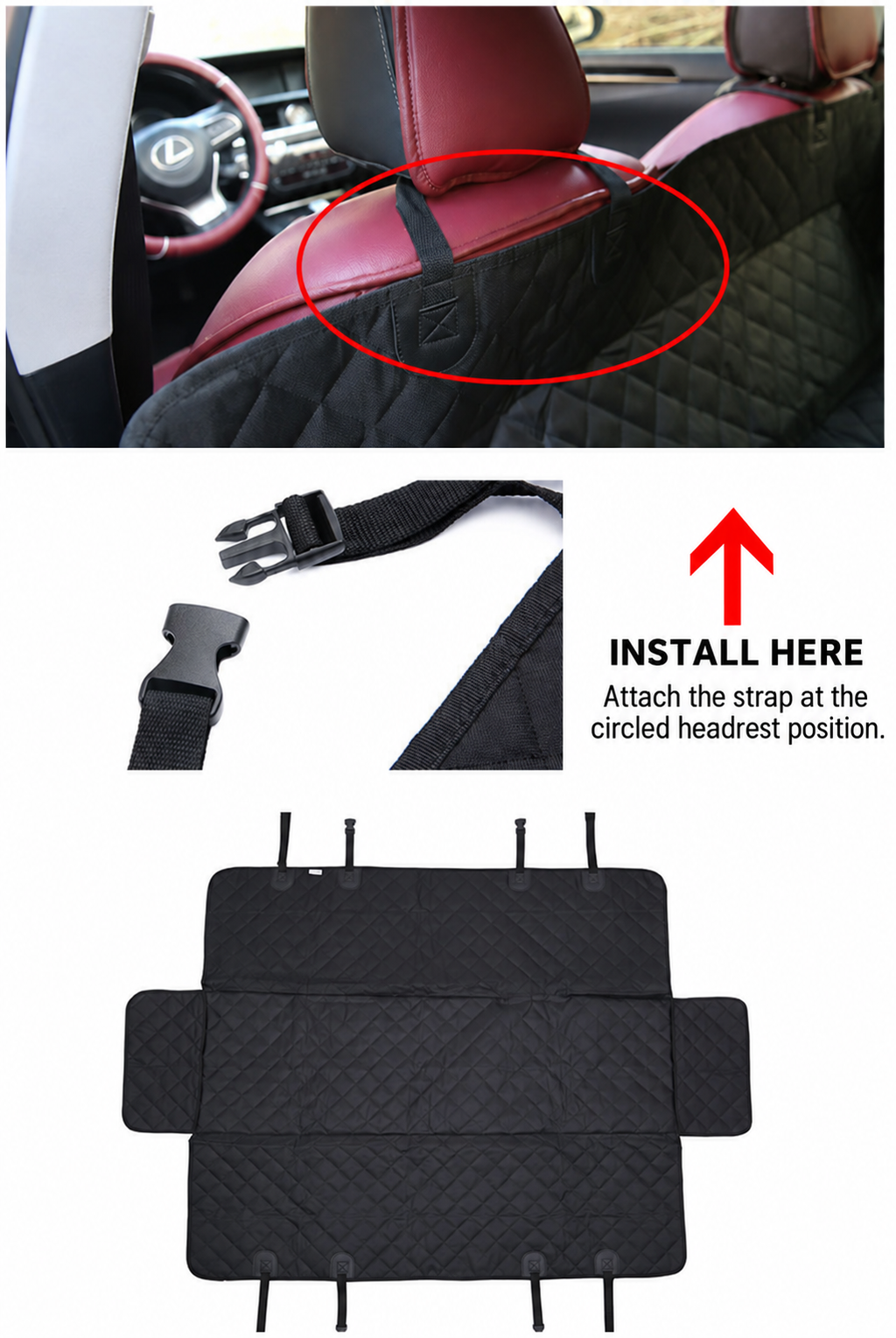 Dog car seat cover headrest strap installation