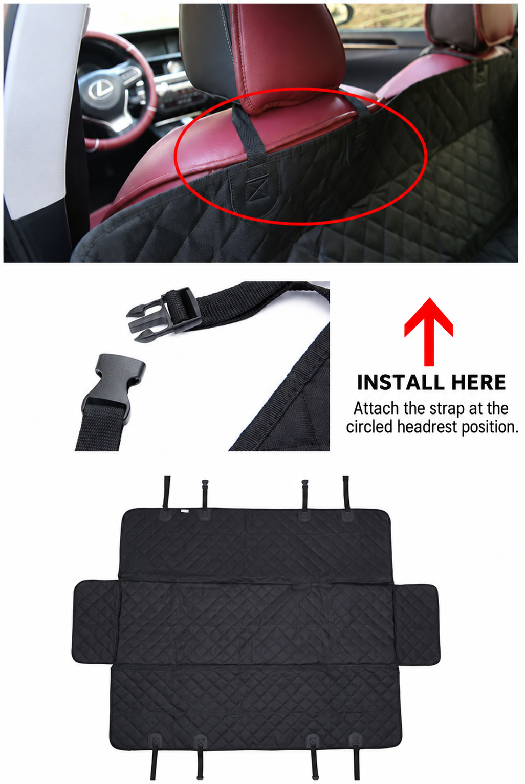 Dog car seat cover headrest strap installation