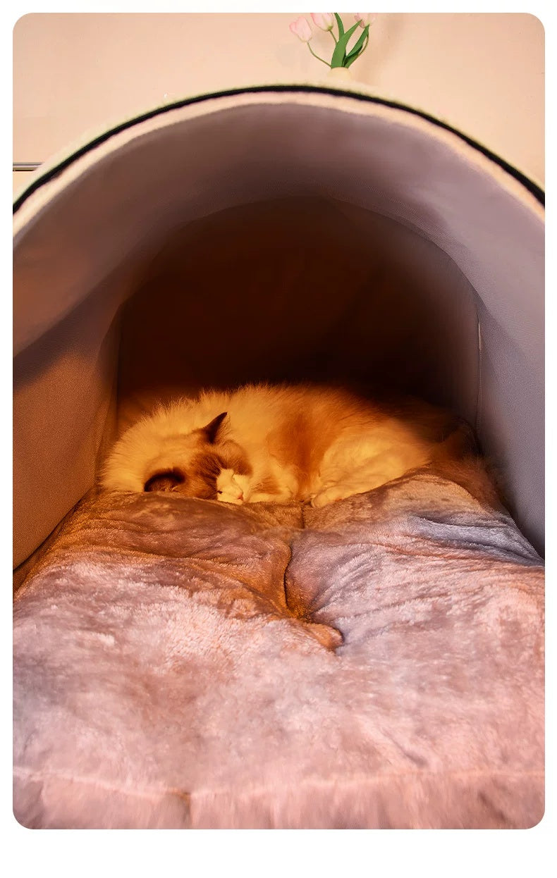 Close view of cat resting inside cozy cave pet bed