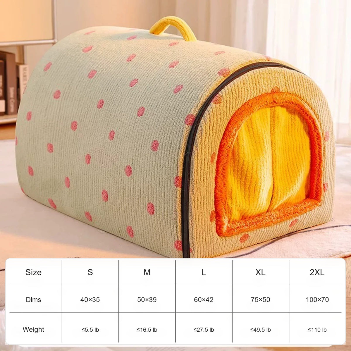 Soluvis pink green cozy cave pet bed non-heated style with size guide