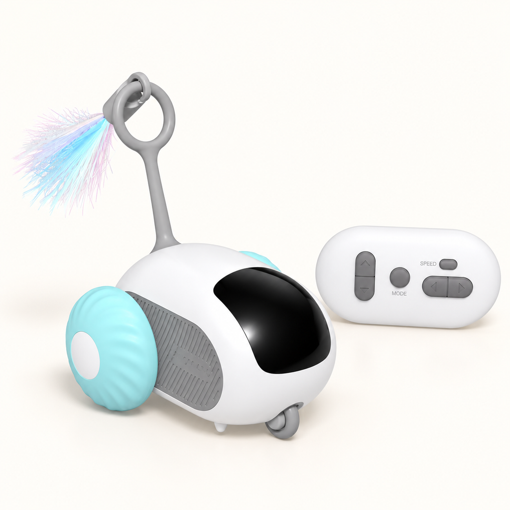Blue interactive cat toy car with remote control and feather teaser