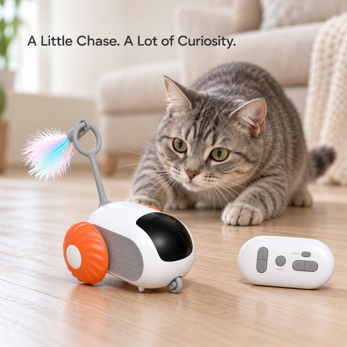 Cat watching an orange interactive toy car indoors - AI illustration