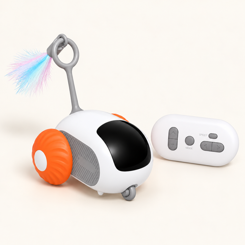 Orange interactive cat toy car with remote control and feather teaser