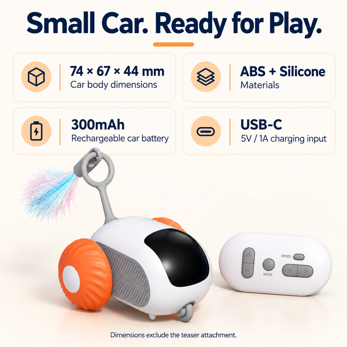 Cat toy car dimensions, materials, battery and USB-C charging specifications