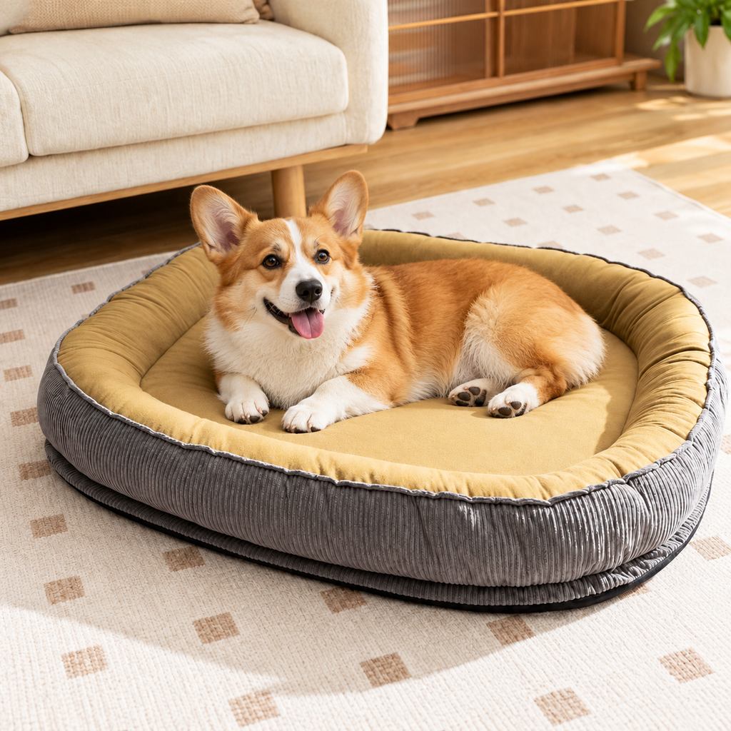 Corgi resting inside the coffee CozyNest pet bed