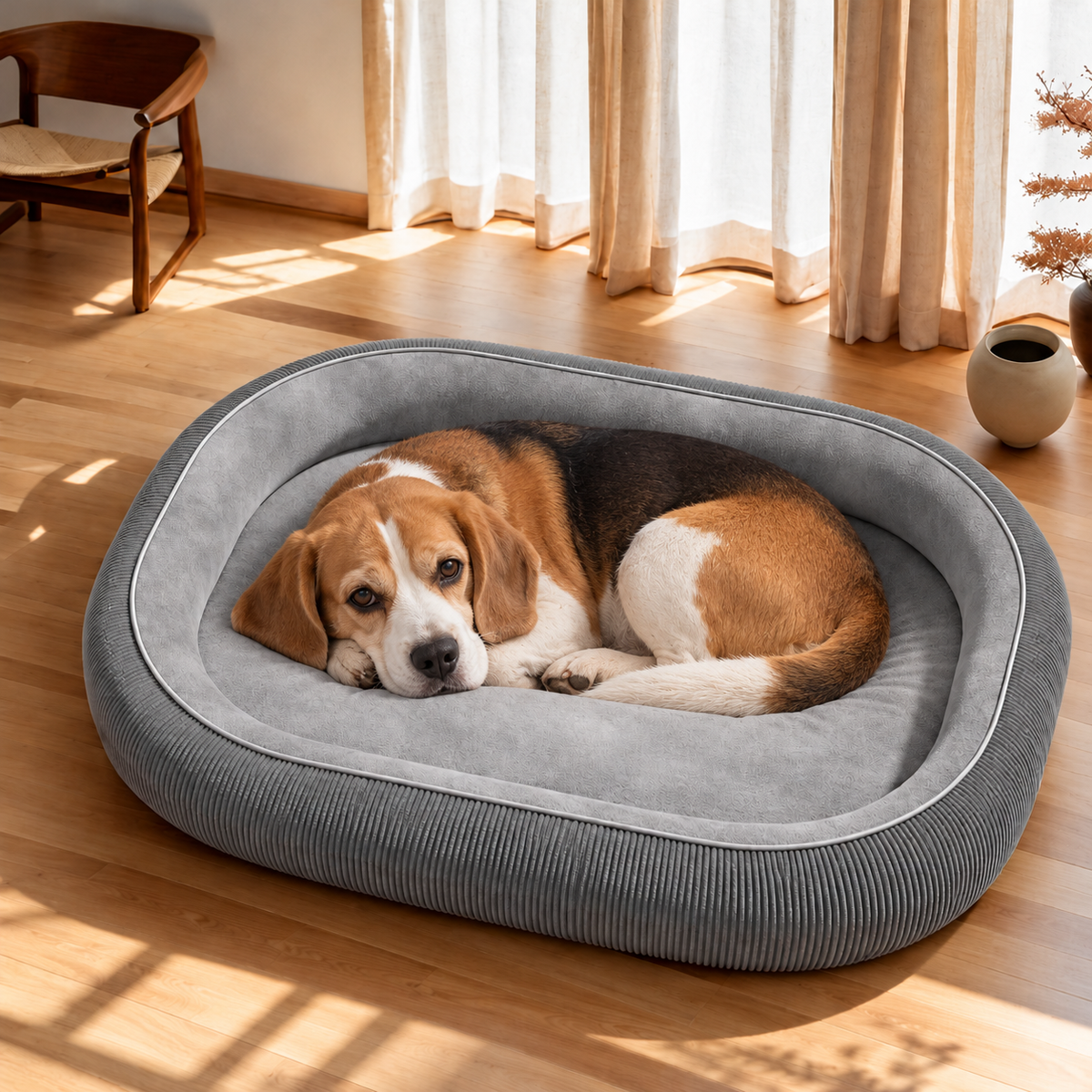 Beagle resting inside the gray CozyNest pet bed