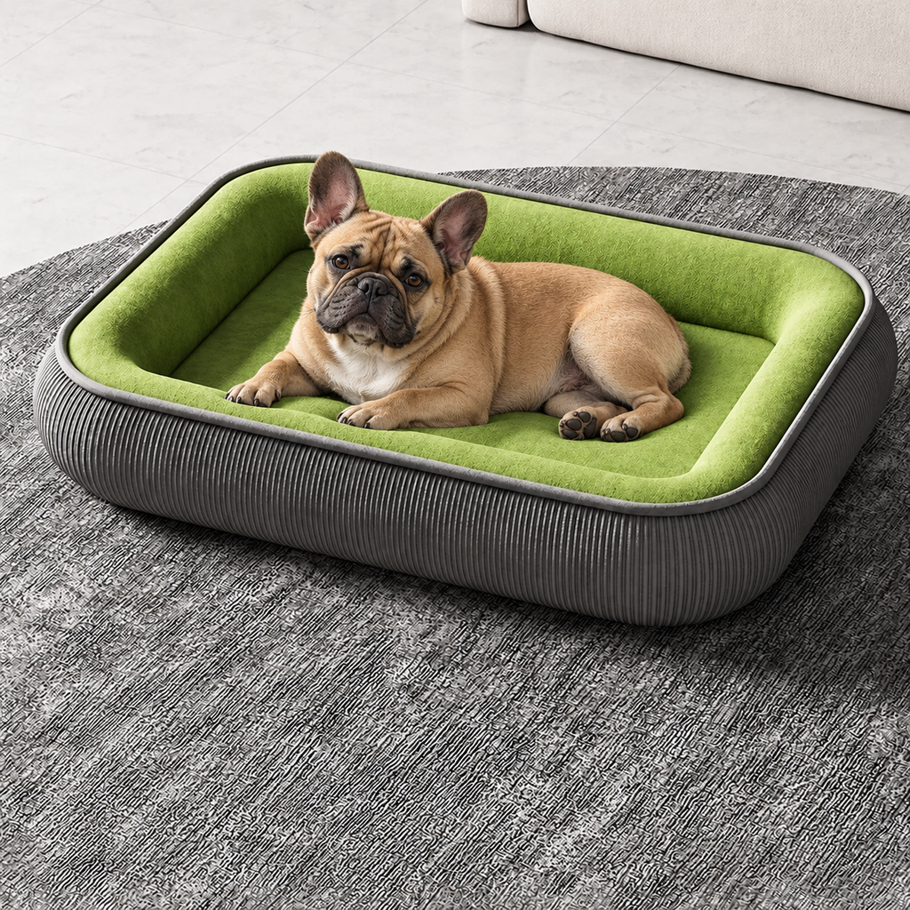 French Bulldog resting inside the green CozyNest pet bed