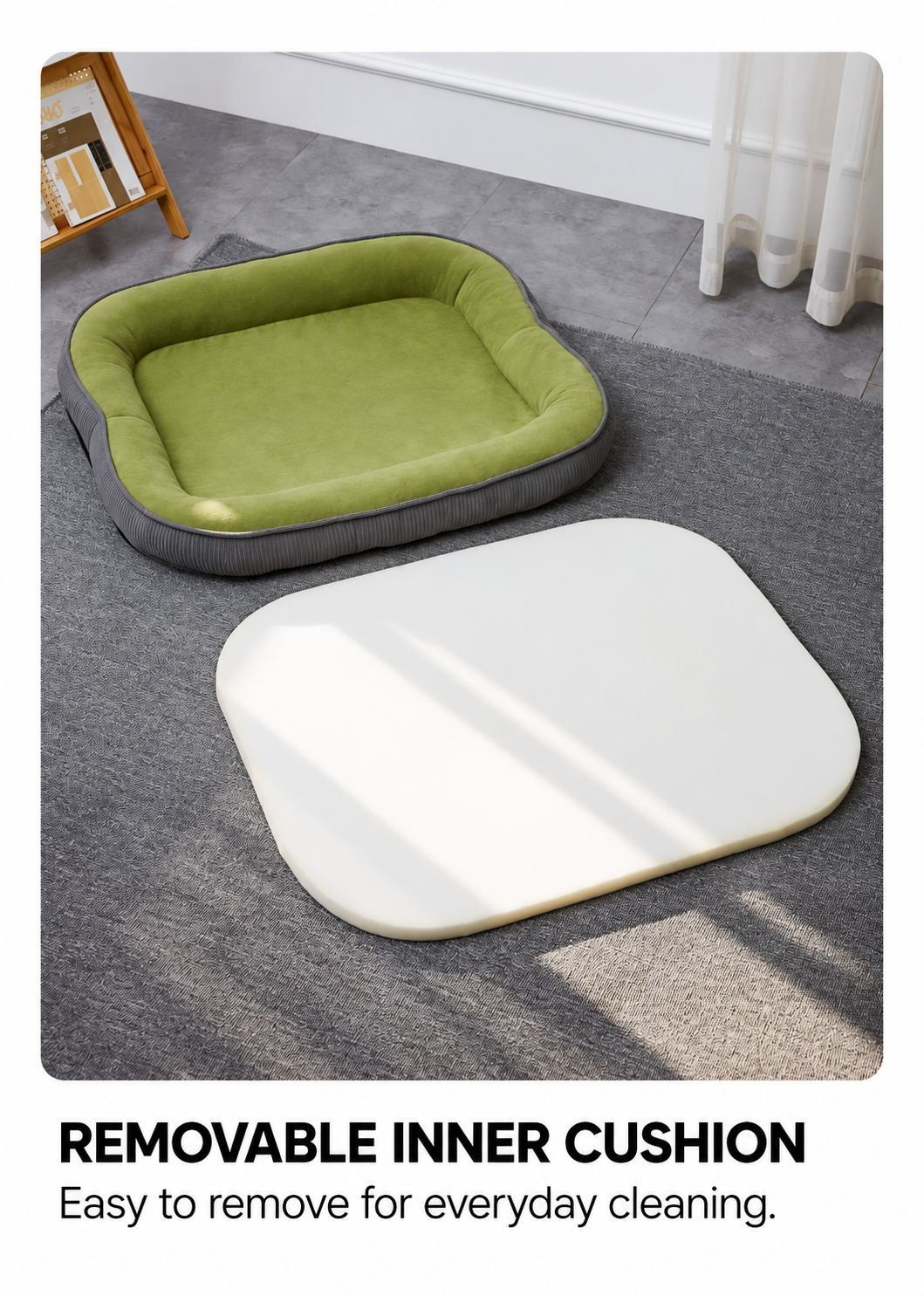 Removable inner cushion shown beside the CozyNest pet bed