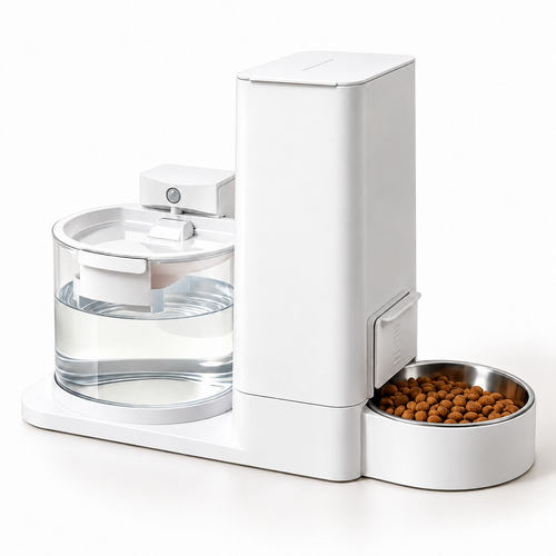 White Soluvis 2-in-1 cat feeding and water station with clear reservoir and stainless steel food bowl