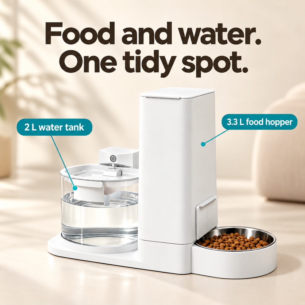 Two litre water reservoir and 3.3 litre dry food hopper