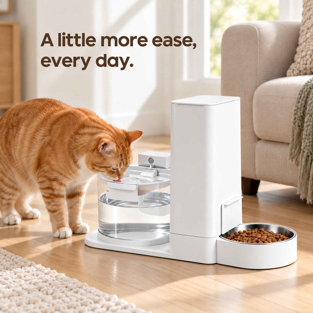 Cat drinking beside the white combined feeding and water station