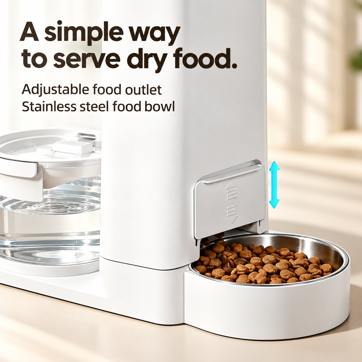 Adjustable dry food outlet and removable stainless steel bowl
