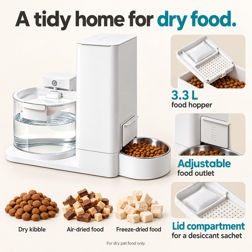 Dry food storage hopper with separate lid compartment for a desiccant sachet