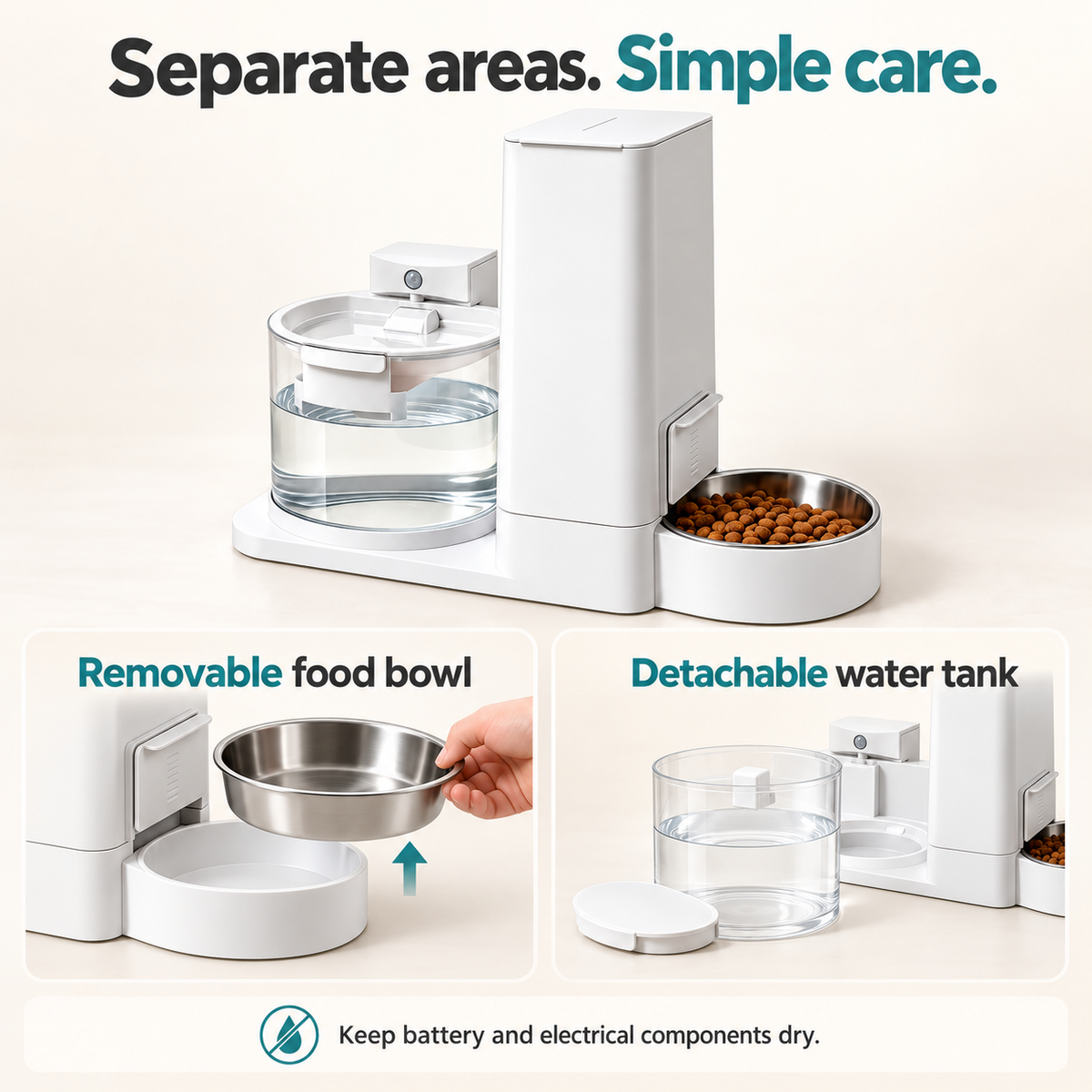 Separate food and water areas with detachable parts for regular cleaning
