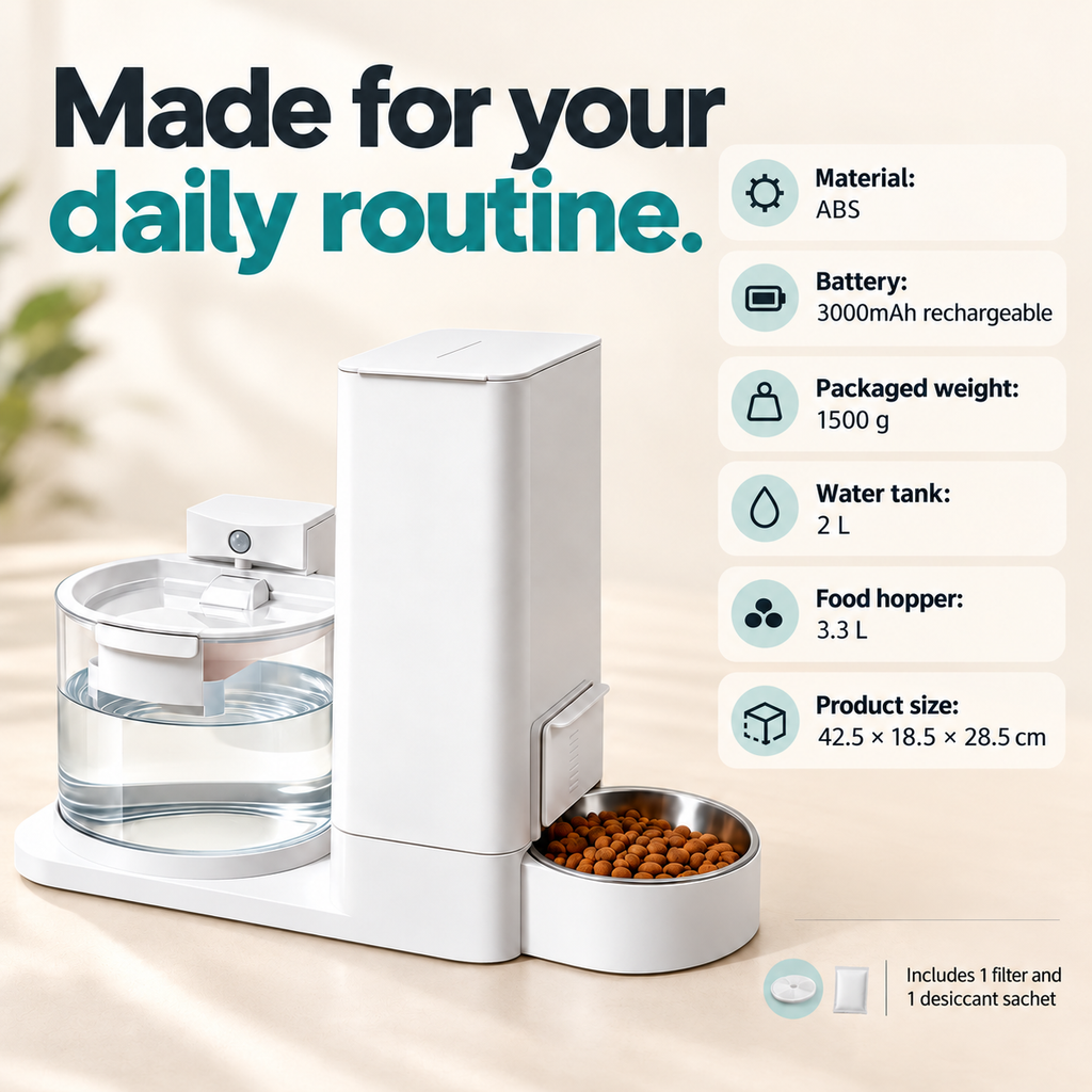 ABS feeding station specifications: 3000mAh battery, packaged weight 1500g, product size 42.5 by 18.5 by 28.5 centimetres