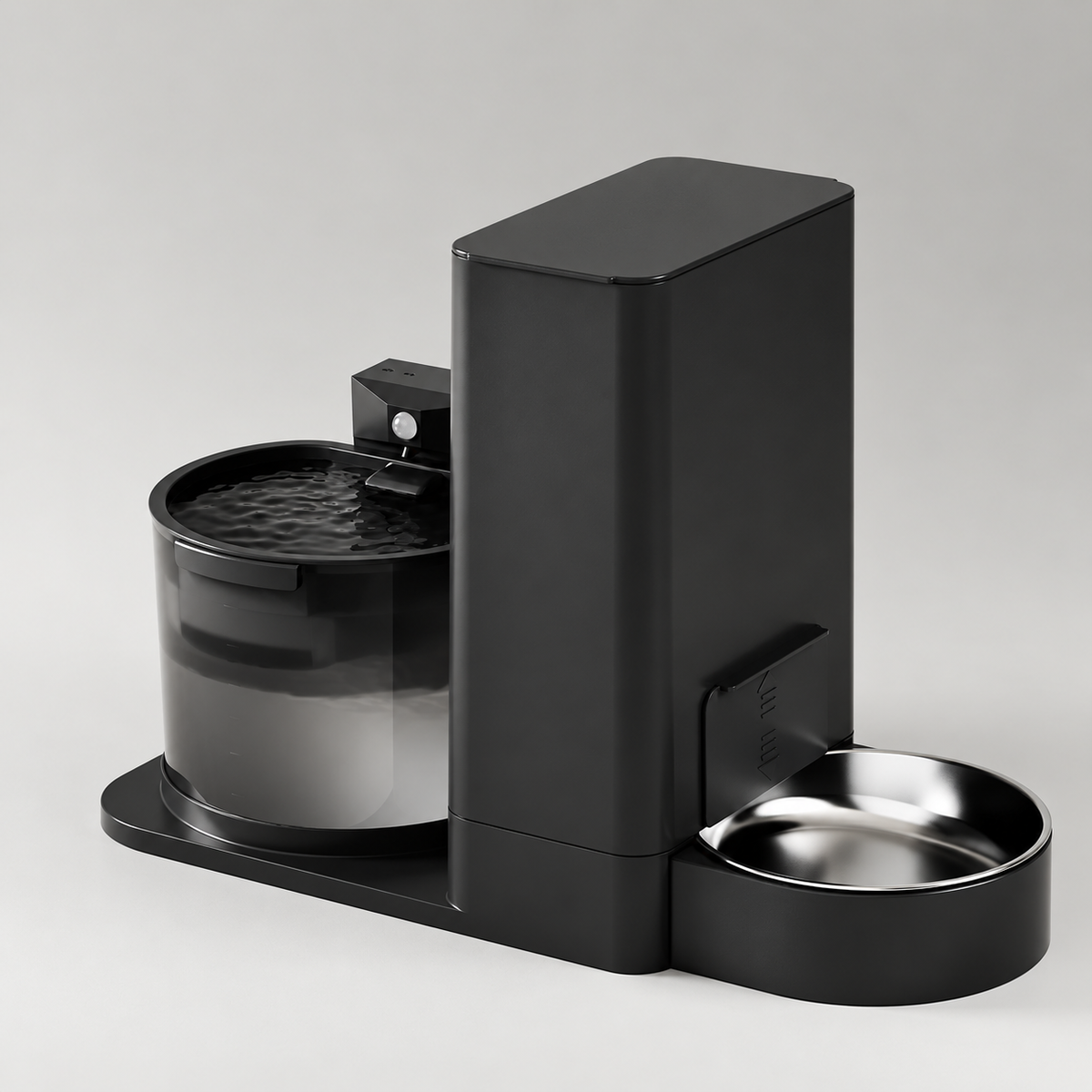 Black 2-in-1 cat feeding and water station with stainless steel food bowl, without branding