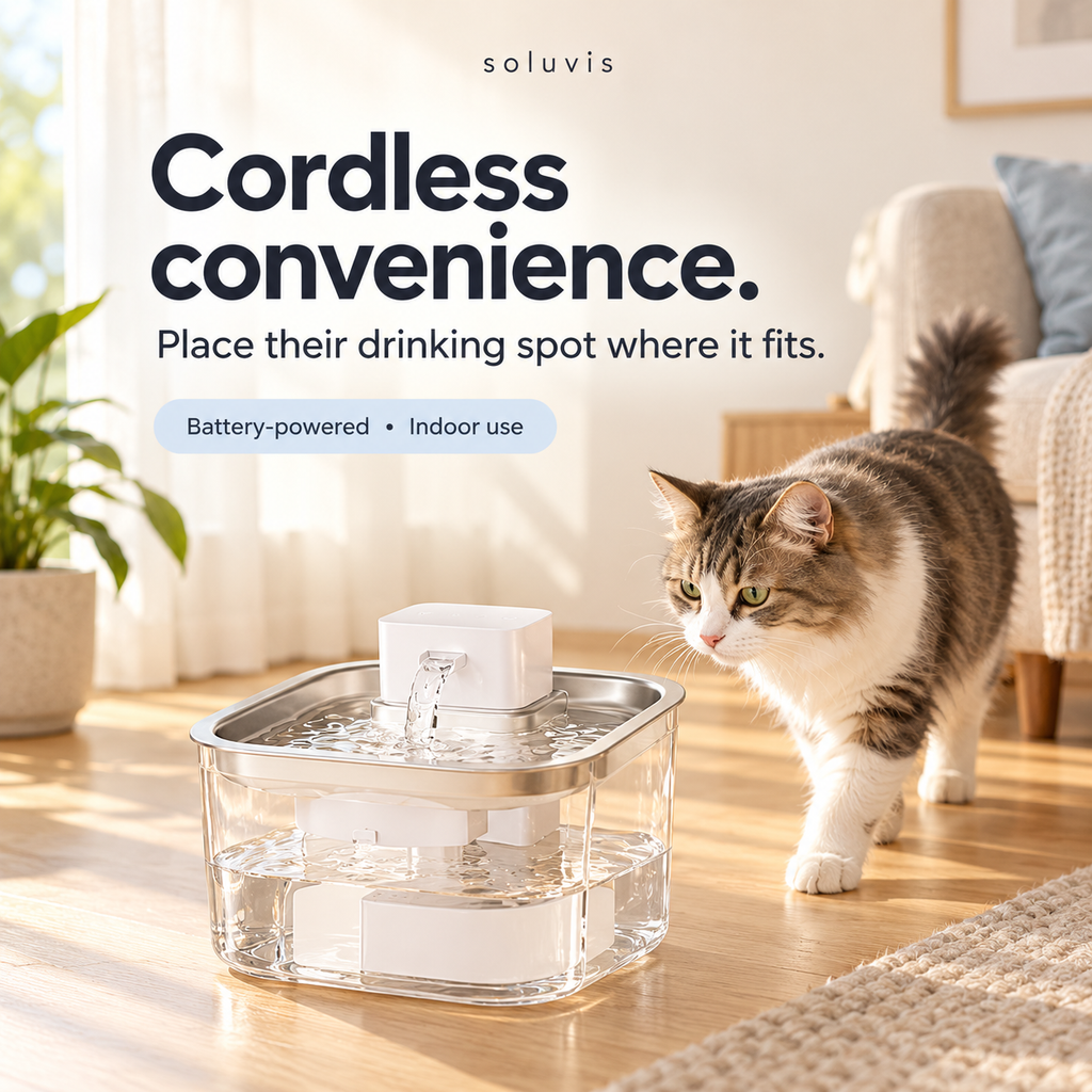 Soluvis white stainless-tray pet water fountain in an indoor setting