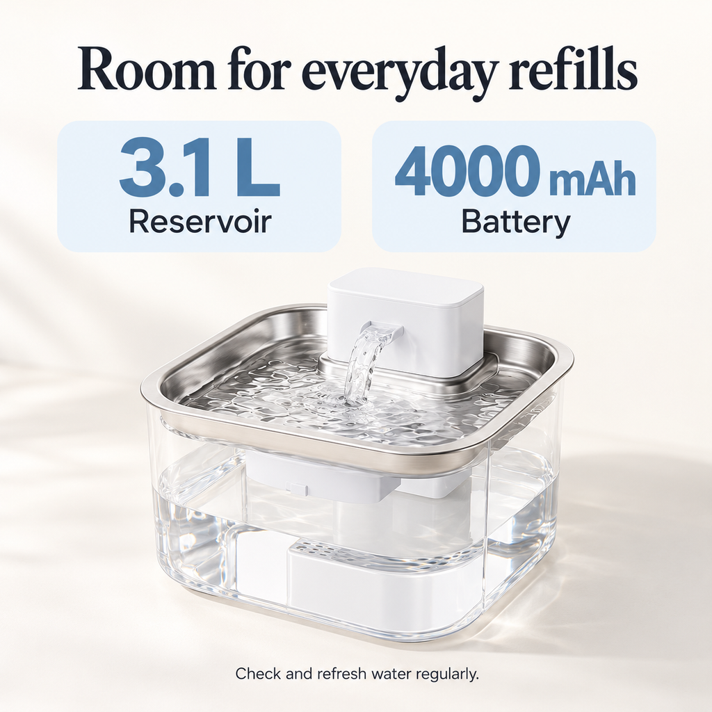 Soluvis pet fountain with 3.1 liter reservoir and 4000 mAh battery