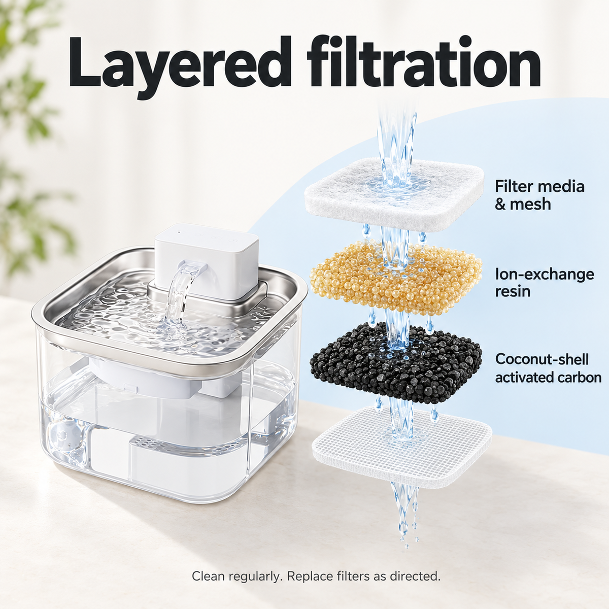 Illustration of pet fountain filter media, resin and activated carbon