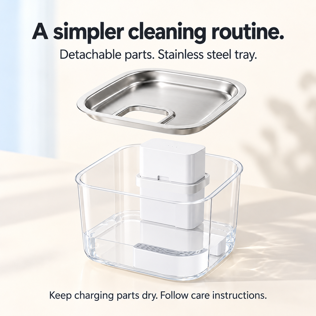 Soluvis pet fountain detachable stainless steel tray and cleaning illustration