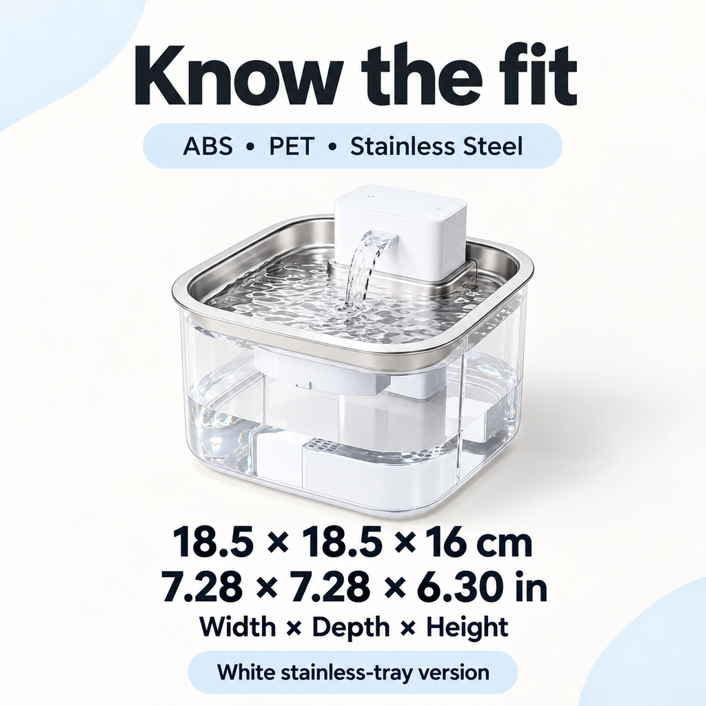 Soluvis white stainless-tray fountain dimensions and materials