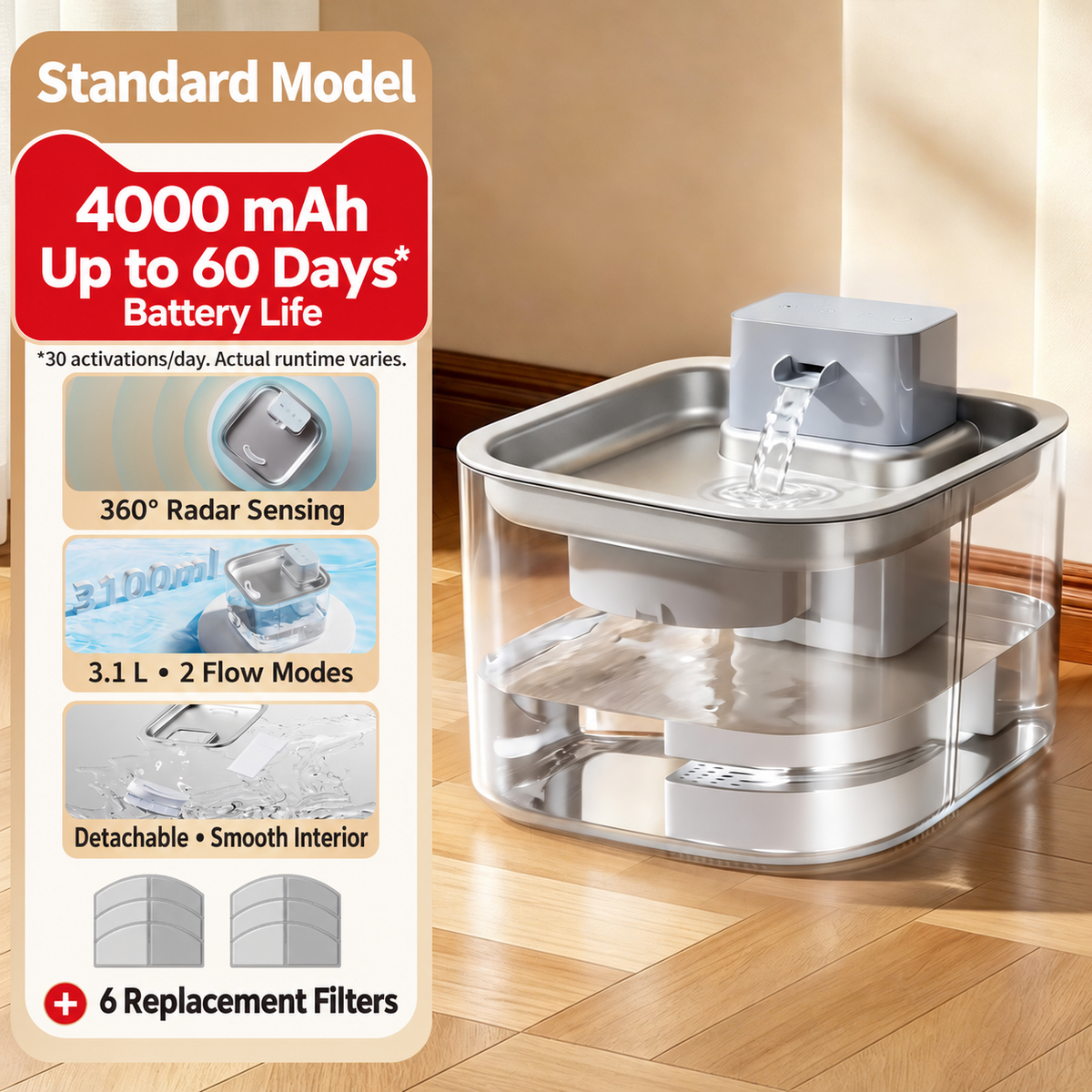 Soluvis pet water fountain — Stainless Steel , Gray , +6 Replacement Filters