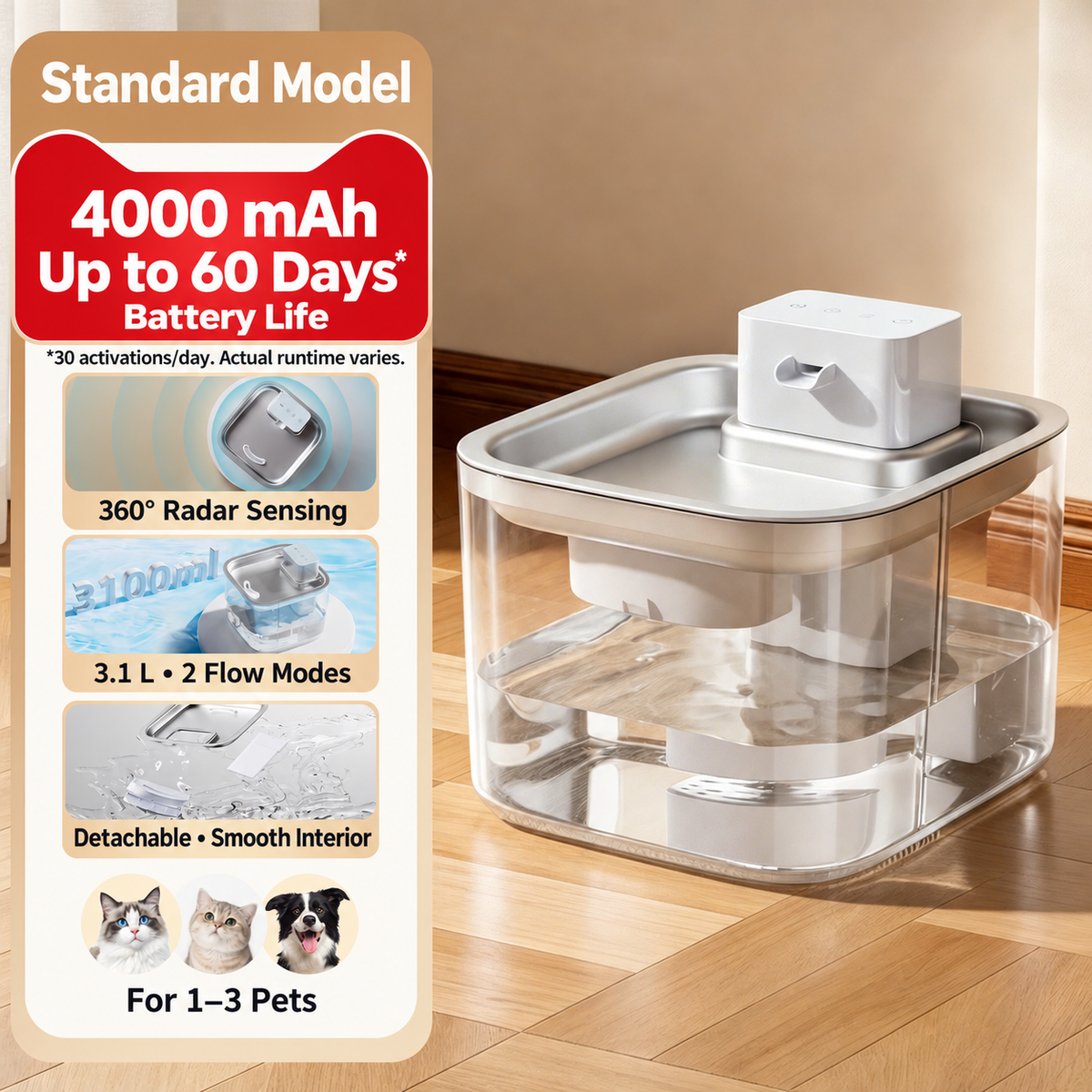 Soluvis pet water fountain — Stainless Steel , White , Standard
